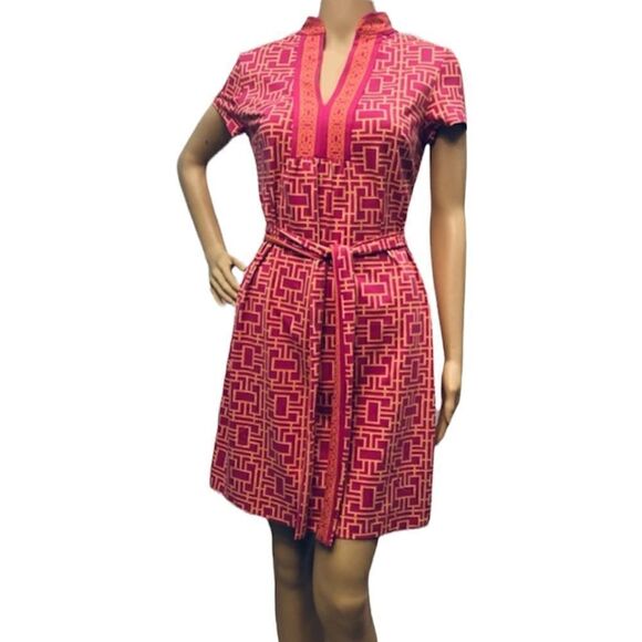 Elizabeth McKay Dress Orange Red Geometric Print Pullover Mock Neck Belted Sz XS - Picture 1 of 14